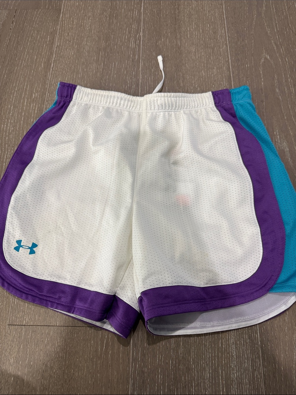 Under Armour White Mesh Athletic Shorts with Purple & Teal Accents